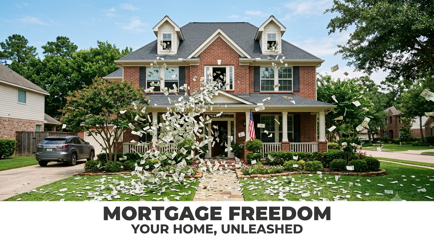 Suburban brick home with cash blowing across the front lawn, representing equity buyers keep instead of paying in fees and interest